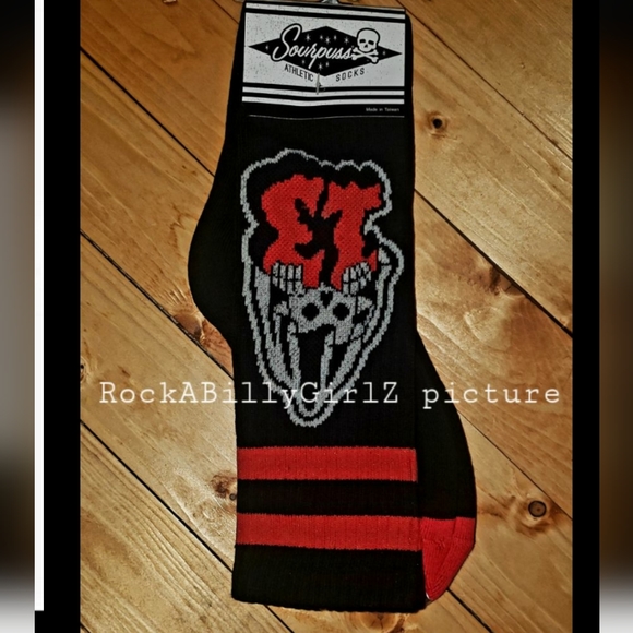 Sourpuss Grim Reaper Lucky 13 Vintage Tattoo Flash Red Double Stripe 16" Socks - Picture 4 of 6
